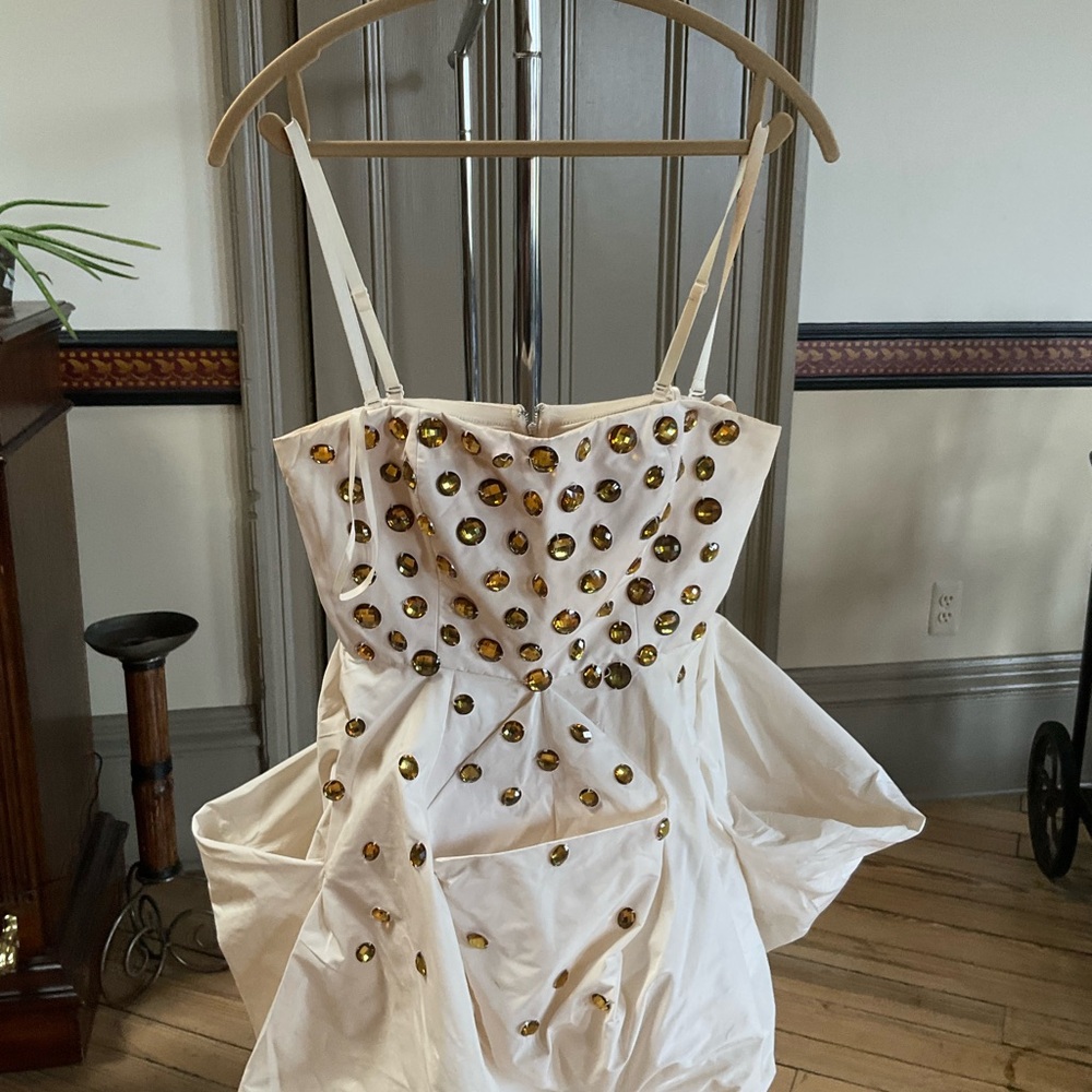 BCBGMaxAzria White Asymmetrical Dress with Gold Accents